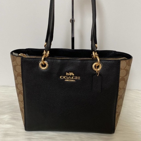 New Coach Jes Tote In Signature Canvas/Refined Pebble Leather/ Black-Brown - Picture 2 of 11